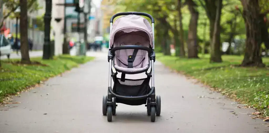 Folded stroller stored indoors